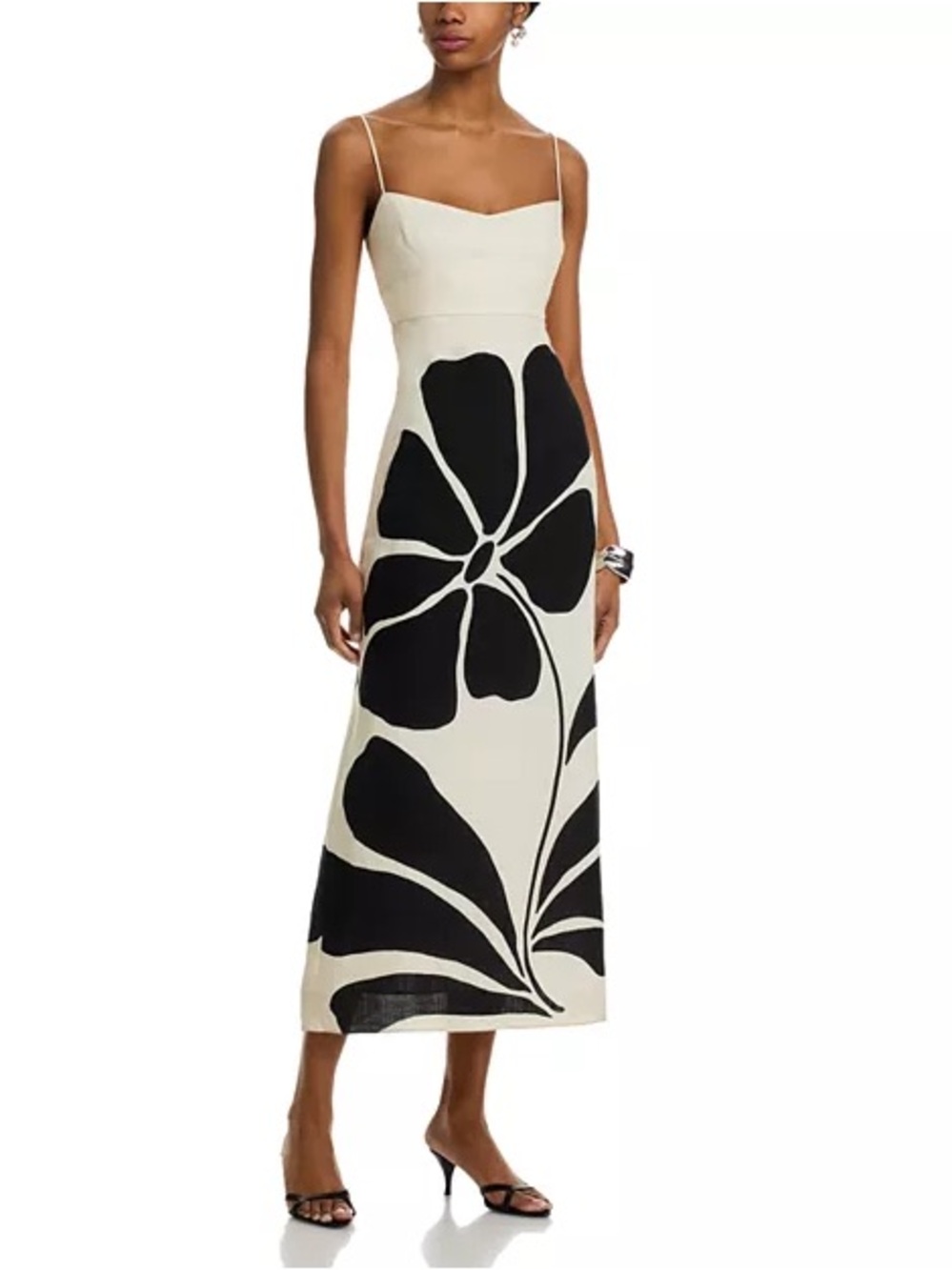 Cream Midi Dress with Bold Black Floral Print and Spaghetti Straps